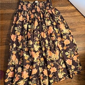 Treasure & Bond Dark Navy Midi Skirt with Peach and Yellow Floral Print